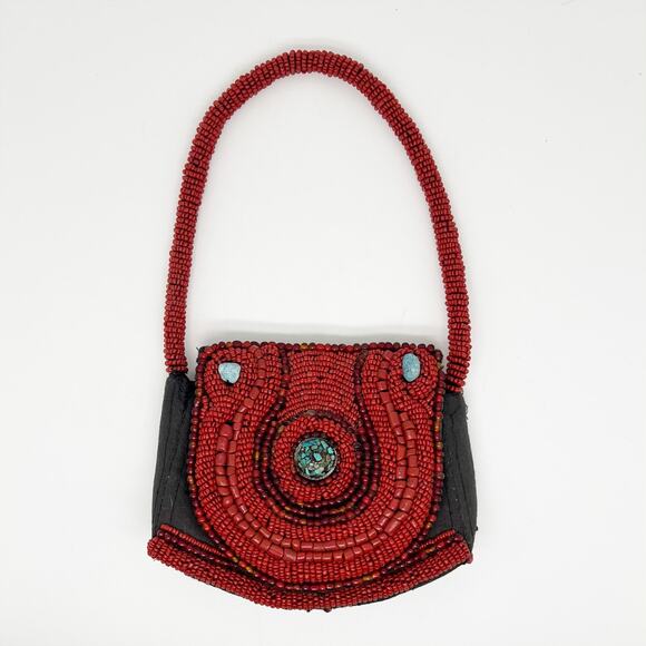 Vintage Sudha Hand Beaded Mini Handbag Purse Bag Red Black - Picture 1 of 7